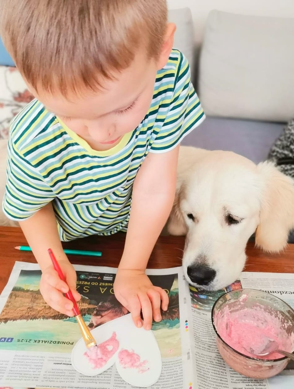 Golden Retriever bawiący się z uśmiechniętym dzieckiem